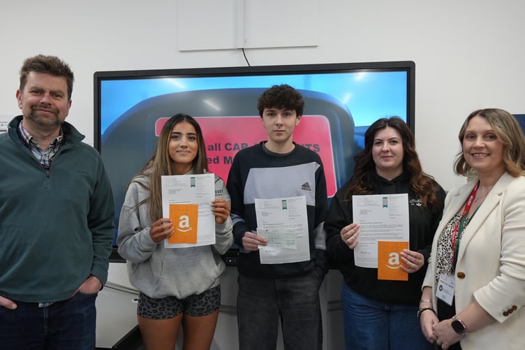 Winners Silas, Sabrina and Taya with Course Lecturer Denys Bassett-Jones and PCC Road Safety Officer Sally Jones.