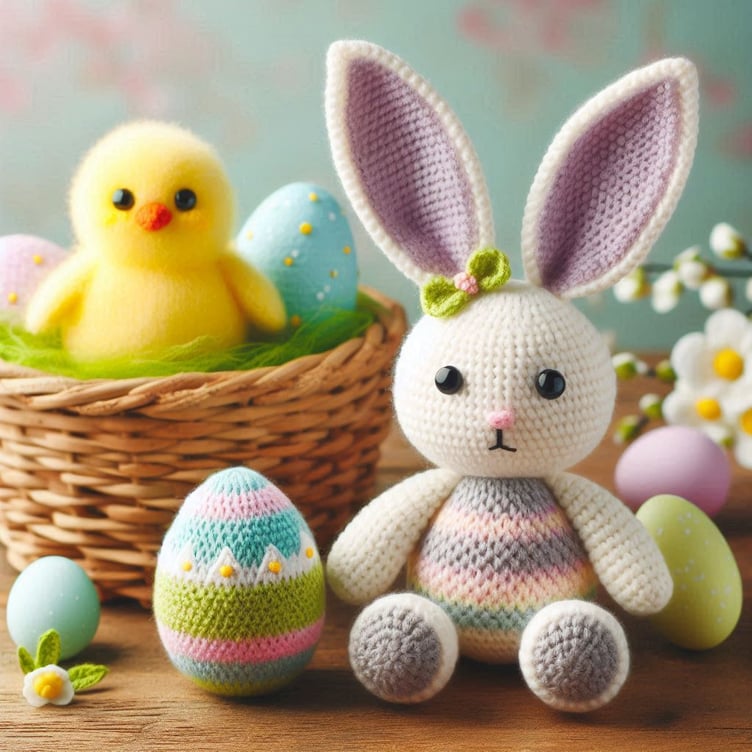 Easter knitted egg, bunny and chick