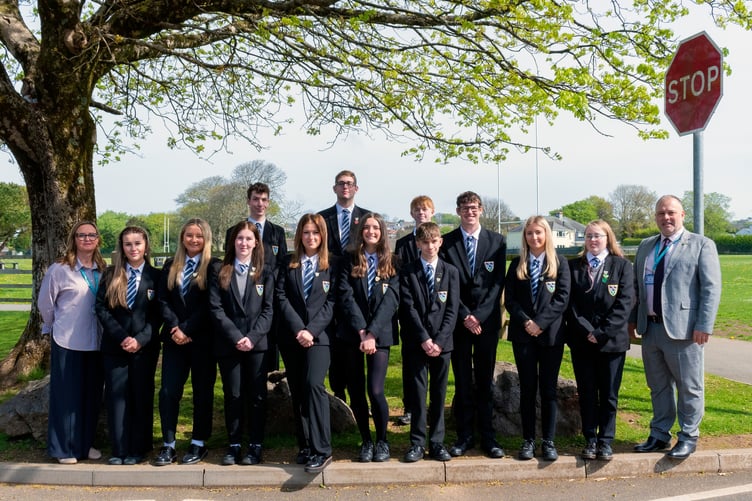 The newly elected Prefect Team 2025 - 2026 at Ysgol Greenhill, Tenby,  including head prefects Jem Barker and Poppy Evans, and deputy head prefects Libby Diment and Isaac Noyce.