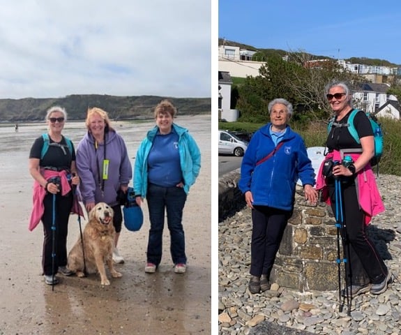 Alison Jones meeting Sue Canham and guide dog Henry with volunteer Sian Rees in Tenby, and Eva Rich in Amroth on the final leg of her 186-mile coast path walk