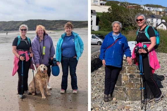 Alison Jones meeting Sue Canham and guide dog Henry with volunteer Sian Rees in Tenby, and Eva Rich in Amroth on the final leg of her 186-mile coast path walk