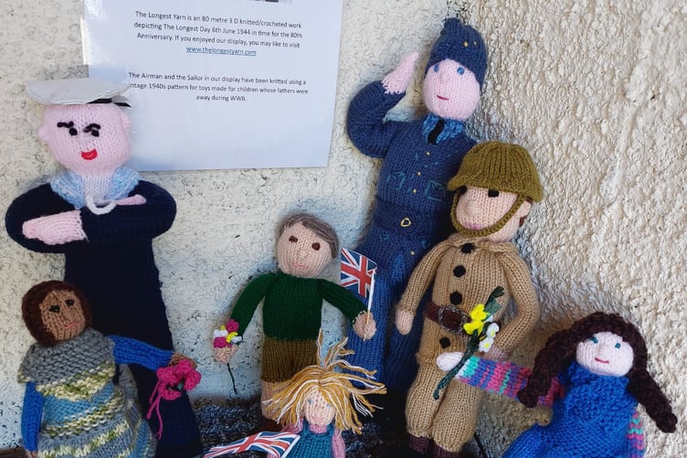 The airman and the sailor in the Penally yarn bomb VE Day display were made using a 1940s knitting pattern. The toys were originally made for children whose fathers were away during the Second World War.