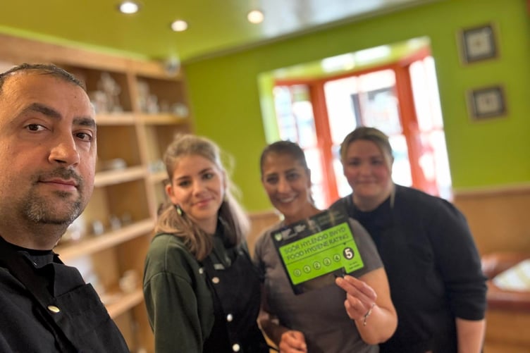 “We did it – 5 Stars!” say the jubilant team at Turkish Kitchen, Haverfordwest: Owner / Chef Hatice, Mustafa (Head Chef), and waitresses Rechel and Katie.