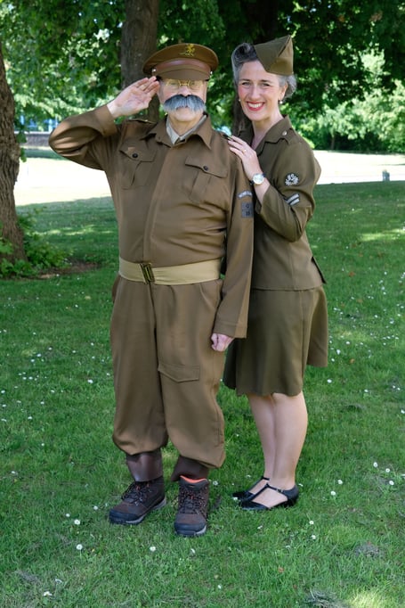 Vera Lynn (Peri Lynn) meets Captain Mainwaring (John Mitchell) at Pembroke Dock Heritage Centre to promote the 1940s Big Band Dance