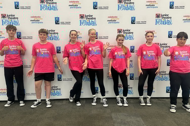 Students from Ysgol Greenhill who excelled themselves at the MTI Junior Theatre Festival: Ben Hughes, Tayla Gibbs (not in picture as she was chosen as an All Star so busy rehearsing to perform on the main stage), Abigail James, Polly Joseph, Amelia Stanley, Adia Jones, Ben Craig and Vincenzo Denunzio