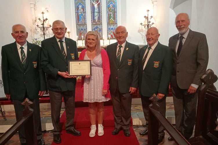 Pictured in St Mary’s Church, Angle, are Male Voice chairman Huw Morgan, 50-year chorister Winston Owens, soloist Mirelle Ryan, stage manager David Halsted, secretary David Powell and accompanist Rev’d William Lambert