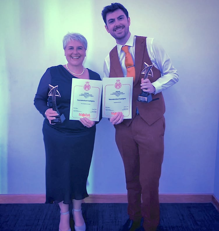 Heidi Griffiths and Jordan Dickin picking up a double NODA Award win for Saundersfoot Footlights at ICC Wales