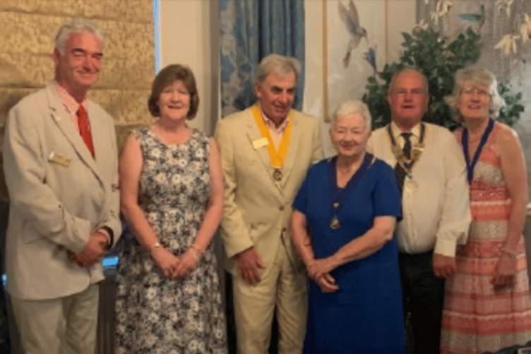Narberth & Whitland Rotary Club immediate past president Paul Crawford, Kenna Crawford, president elect Bob Rumbold, Barbara Rumbold, president Robin Bradbury and Elaine Bradbury pictured at the handover evening.