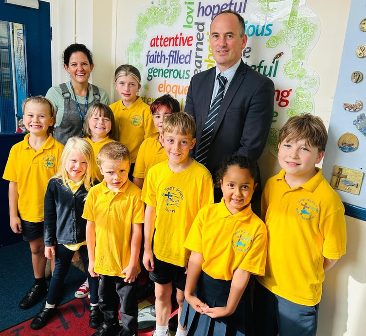 New Executive Headteacher Mr Scale with St Teilo’s School children and Base Leader Mrs Sophie Frearson