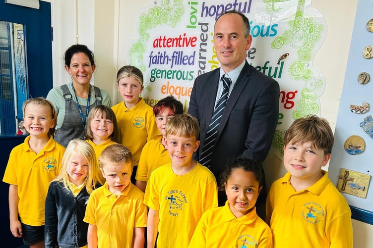 New Executive Headteacher Mr Scale with St Teilo’s School children and Base Leader Mrs Sophie Frearson