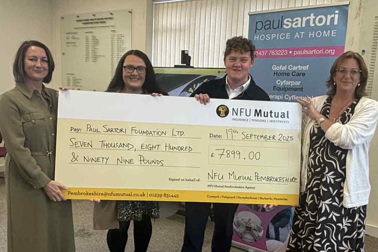 Cara Norman, Lauren Harries and Joshua Scrivens from NFU Mutual along with Sandra Dade, Charity Manager of Paul Sartori Foundation