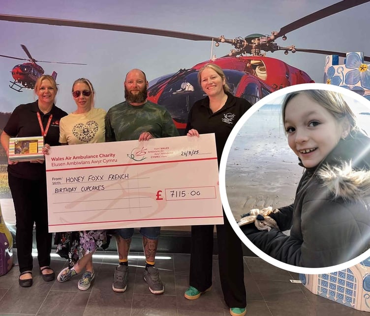 Jessica and Alan presenting the cheque. Inset: Honey Foxx-French