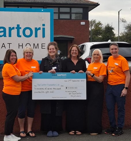 Skydivers Jude Williams, Cath Morgan, Elvire Beijdorff, Chloe Phillips and Amanda Elmes, with Sandra Dade (charity manager, 4th from left)