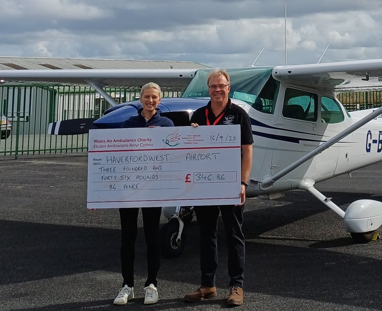 One of Haverfordwest Airport’s Directors Charlotte Rees with Mike May, Wales Air Ambulance Regional Fundraising Manager for Carmarthenshire and Pembrokeshire