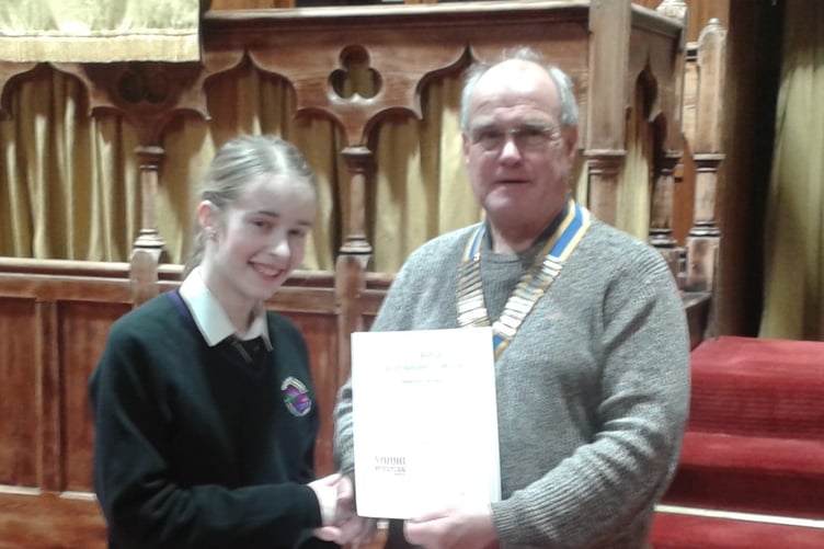 Winning Young Musician Lleucu Haf Thomas (grand piano) receiving her certificate at Narberth’s Bethesda Chapel