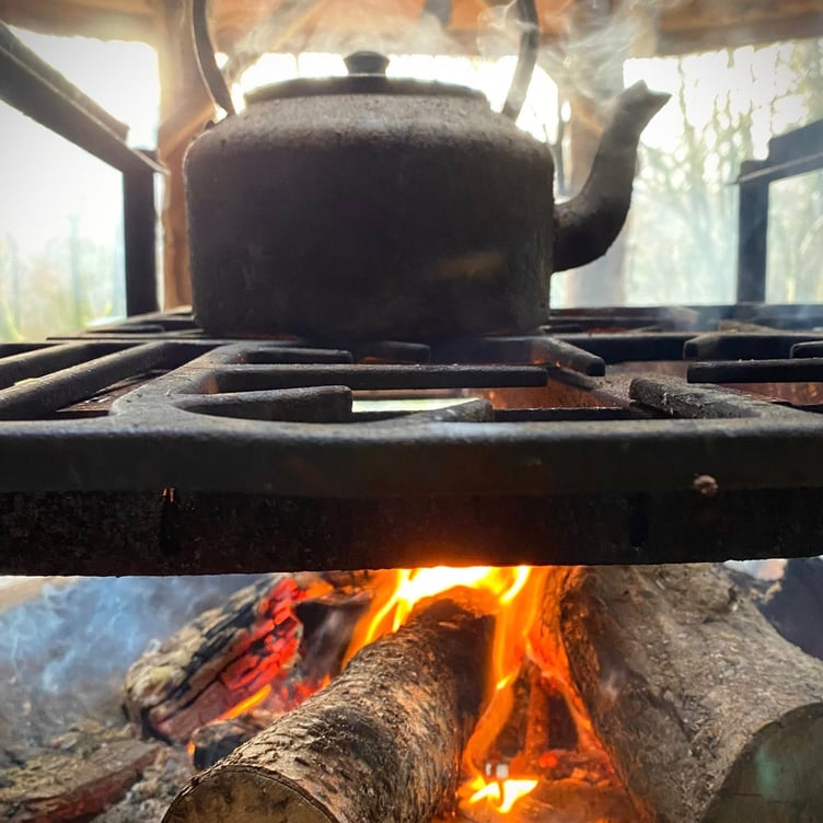 Kettle on fire in roundhouse, Scolton