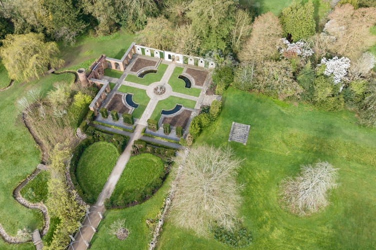 Aerial view of the Heart Garden and Lavender Court at Dyffryn Gardens, Vale of Glamorgan, Wales.