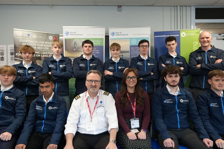 The Pre-Cadetship students with their lecturer Tim Berry along with the Port of Milford Haven’s Assistant Harbourmaster Brian Stewart and Stakeholder Engagement Executive Emily Jones