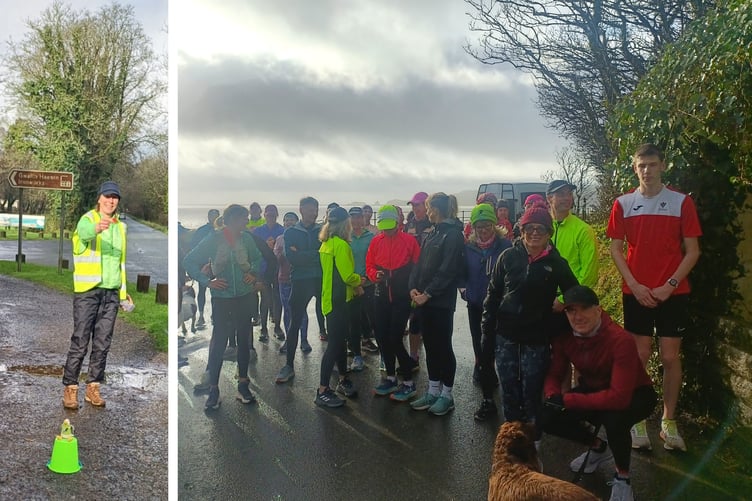 Rachel Holland handing out the tokens; runners at the start of the Fourth Food Bank Run
