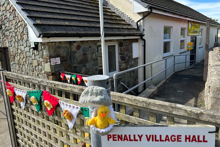 Penally Village Hall with Easter Yarn Bomb decorations