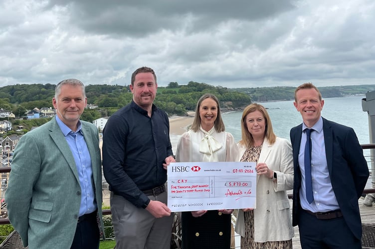 Ashmole & Co Partners handing over a cheque to Dan Mason representing the Dean Mason Memorial Fund. L-R: Ian Badham, Ashmole & Co partner in Haverfordwest and Tenby; Dan Mason; Ceri Llwyd, Partner in Llandeilo and Llandovery; Laura Craddock, Partner in Ammanford and Carwyn Morgan, Partner in Carmarthen and Newcastle Emlyn.