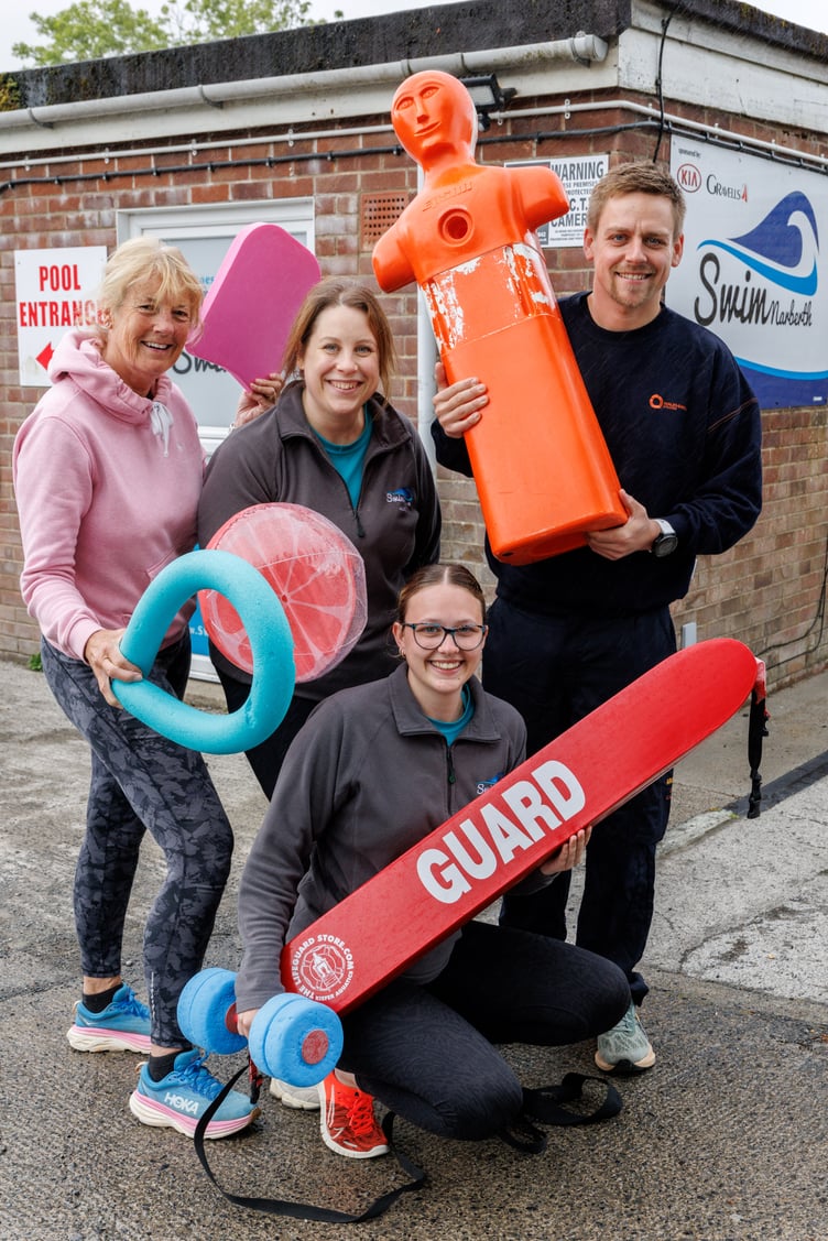 Trustee Judith Jones, Swim Narberth pool manager Alice Brumby-Jones, assistant pool manager, Lucy Christopher-Barnes with Wales & West Utilities Jay Howells