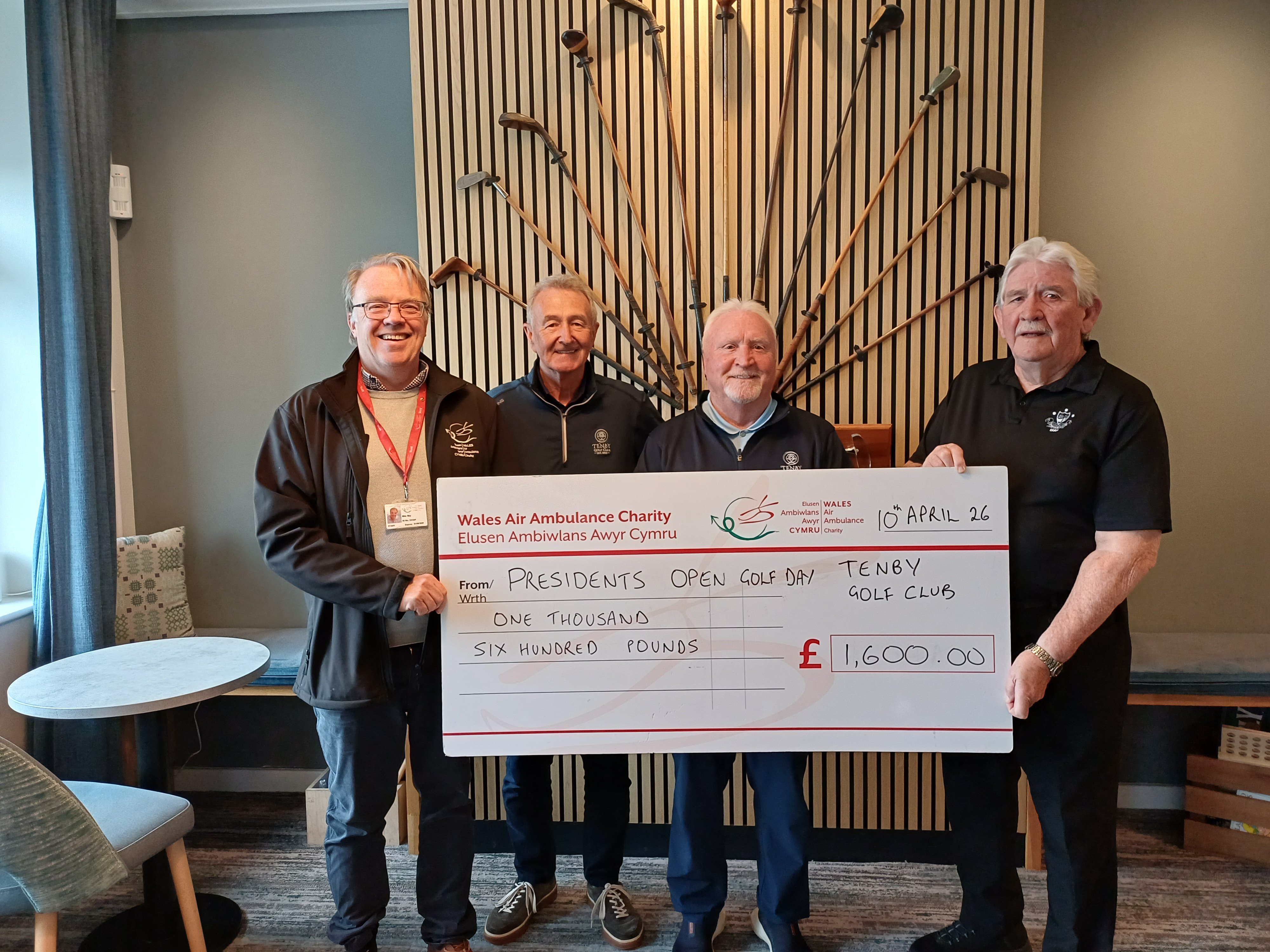 Pictured at the cheque presentation are Mike May, Wales Air Ambulance; Tenby Golf Club chairman Austin Davies; president Chris Beecher and president elect Tony Key.